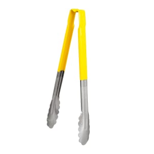 175-4781250 12"L Stainless Steel Utility Tongs - Yellow