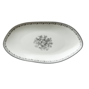 324-L6703068342 9 3/4" Irregular Oval Lancaster Garden™ Plate - Porcelain, Grey Floral Desig...