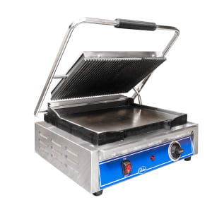 605-GPGS1410 Single Commercial Panini Press w/ Cast Iron Grooved & Smooth Plates, 120v