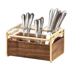151-370046 3 Compartment Flatware Holder - 9 1/2"L x 6 1/2"W x 5 1/2"H, Walnut/Brass