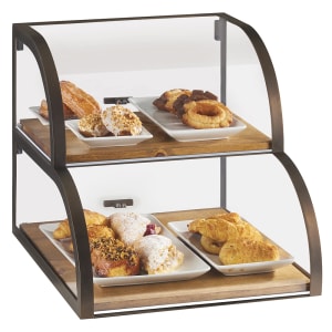 151-393184 2 Tier Pastry Display Attendant Serve Case w/ Wood Trays – Plastic Case, Bronze Frame