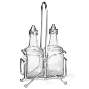 229-H600N 6 oz Cruet Set w/ Chrome Rack & Stainless Steel Tops - Glass, Clear