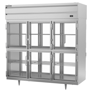 118-PRD3HC1BHG 78" Three Section Pass Thru Refrigerator, (12) Left/Right Hinge Glass Doors,...