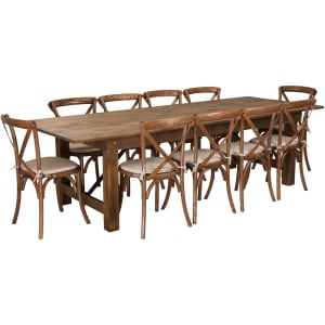 916-XAFA15 Rectangular Folding Farm Table & (10) Chair Set - 108"W x 40"D x 30"H, Plank Top, Pine Base