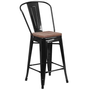 916-CH3132024GBBKWD Counter Height Bar Stool w/ Curved Back & Wood Seat, Black