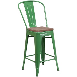 916-CH3132024GBGNWD Counter Height Bar Stool w/ Curved Back & Wood Seat, Green