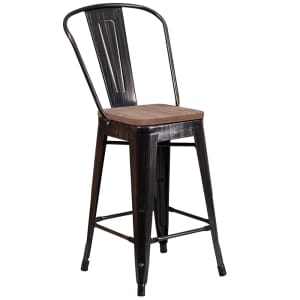 916-CH3132024GBBQWD Counter Height Bar Stool w/ Curved Back & Wood Seat, Black Antique Gold