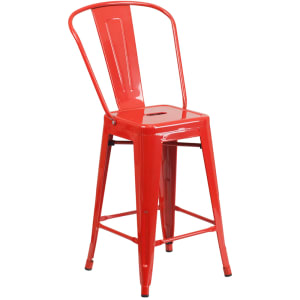 916-CH3132024GBRED Counter Height Bar Stool w/ Curved Back & Metal Seat, Red
