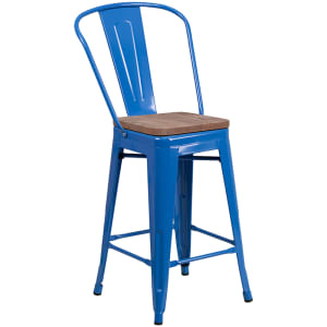916-CH3132024GBBLWD Counter Height Bar Stool w/ Curved Back & Wood Seat, Blue