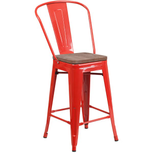 916-CH3132024GBREDWD Counter Height Bar Stool w/ Curved Back & Wood Seat, Red