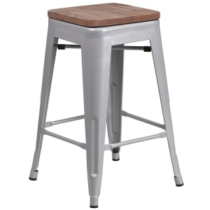 916-CH3132024SILWD Counter Height Backless Bar Stool w/ Wood Seat, Silver