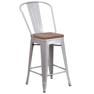 916-CH3132024GBSILWD Counter Height Bar Stool w/ Curved Back & Wood Seat, Silver