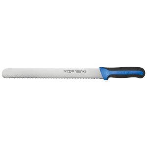 080-KSTK121 12" Wavy Slicer Knife w/ High Carbon Steel Blade & Black/Blue TPR Handle