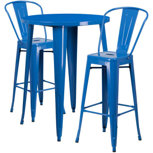 916-CH51090BH230CBL 30" Round Bar Height Table w/ (2) Bar Stool Set - Blue Steel Top, Steel Base
