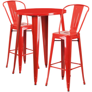 916-CH51090BH230CRED 30" Round Bar Height Table w/ (2) Bar Stool Set - Red Steel Top, Steel Base