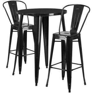 916-CH51090BH230CBK 30" Round Bar Height Table w/ (2) Bar Stool Set - Black Steel Top, Steel Base