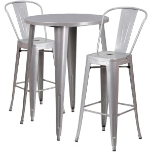 916-CH51090BH230CSIL 30" Round Bar Height Table w/ (2) Bar Stool Set - Silver Steel Top, Steel Base