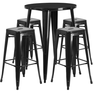 916-CH51090BH430SSBK 30" Square Bar Height Table w/ (4) Bar Stool Set - Black Steel Top, Steel Base