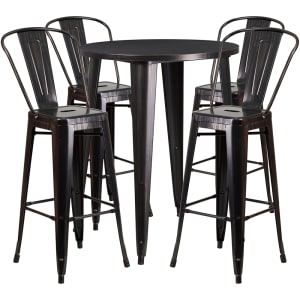 916-CH51090BH430CBQ 30" Square Bar Height Table w/ (4) Bar Stool Set - Black & Antique Gold Steel Top, Steel Base