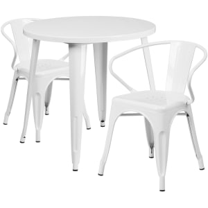 916-CH51090TH218AWH 30" Round Table & (2) Arm Chair Set - Metal, White