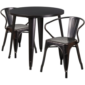 916-CH51090TH218ABQ 30" Round Table & (2) Arm Chair Set - Metal, Black & Antique Gol...