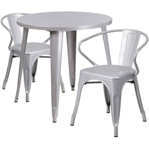 916-CH51090TH218AIL 30" Round Table & (2) Arm Chair Set - Metal, Silver
