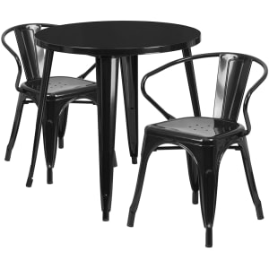 916-CH51090TH218ABK 30" Round Table & (2) Arm Chair Set - Metal, Black
