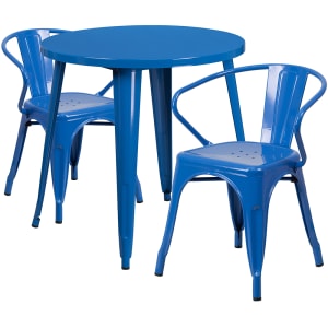 916-CH51090TH218ABL 30" Round Table & (2) Arm Chair Set - Metal, Blue