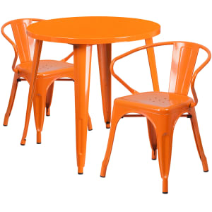 916-CH51090TH218AOR 30" Round Table & (2) Arm Chair Set - Metal, Orange