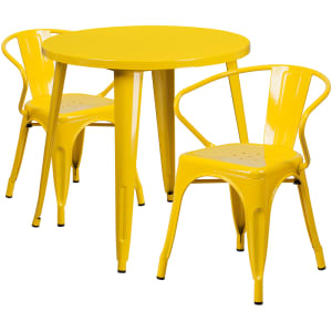 916-CH51090TH218AYL 30" Round Table & (2) Arm Chair Set - Metal, Yellow