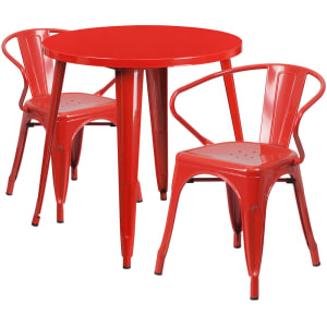 916-CH51090TH218ARED 30" Round Table & (2) Arm Chair Set - Metal, Red