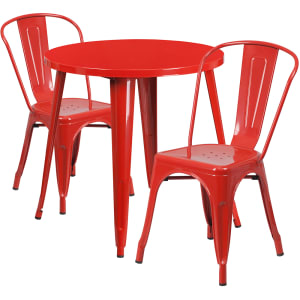 916-CH51090TH218CRED 30" Round Table & (2) Café Chair Set - Metal, Red