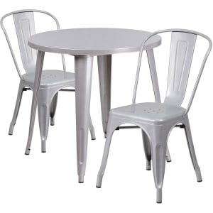 916-CH51090TH218CSIL 30" Round Table & (2) Café Chair Set - Metal, Silver