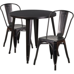916-CH51090TH218CBQ 30" Round Table & (2) Café Chair Set - Metal, Black & Antique Go...