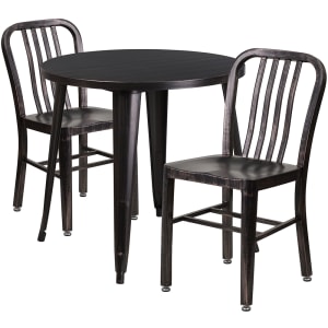 916-CH51090TH218VBQ 30" Round Table & (2) Chair Set - Metal, Black & Antique Gold