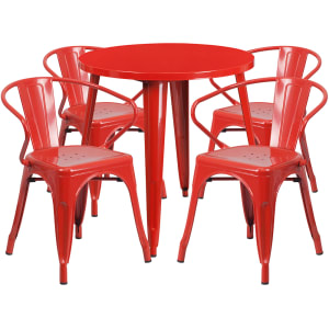 916-CH51090TH418ARED 30" Round Table & (4) Arm Chair Set - Metal, Red
