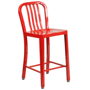 916-CH6120024RED Counter Height Bar Stool w/ Vertical Slat Back & Metal Seat, Red