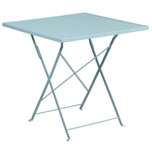 916-CO1SKY 28" Square Folding Patio Table w/ Rain Flower Design Top - Steel, Sky Blue