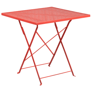 916-CO1RED 28" Square Folding Patio Table w/ Rain Flower Design Top - Steel, Coral