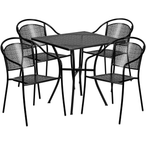 916-CO28SQ03CHR4BK 28" Square Patio Table & 4 Round Back Arm Chair Set - Steel, Black