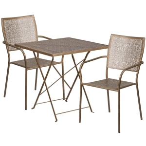 916-CO28SQF02CHR2GD 28" Square Folding Patio Table & (2) Square Back Arm Chair Set - Steel, Gold