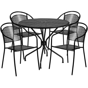 916-CO35RD03CHR4BK 35 1/4" Round Patio Table & (4) Round Back Arm Chair Set - Steel, Black