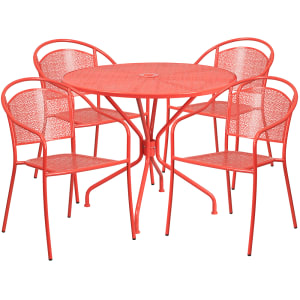916-CO35RD03CHR4RED 35 1/4" Round Patio Table & (4) Round Back Arm Chair Set - Steel, Coral