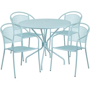 916-CO35RD03CHR4SKY 35 1/4" Round Patio Table & (4) Round Back Arm Chair Set - Steel, Sk...