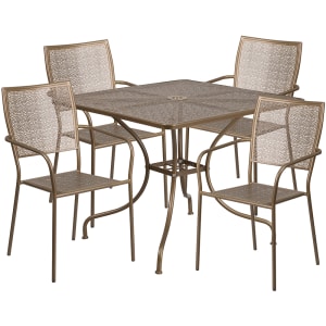 916-CO35SQ02CHR4GD 35 1/4" Square Patio Table & (4) Square Back Arm Chair Set - Steel, Gold