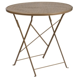 916-CO4GD 30" Round Folding Patio Table w/ Rain Flower Design Top - Steel, Gold