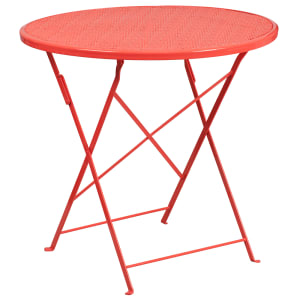 916-CO4RED 30" Round Folding Patio Table w/ Rain Flower Design Top - Steel, Coral