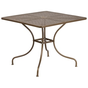 916-CO6GD 35 1/2" Square Patio Table w/ Rain Flower Design Top & Umbrella Hole - Steel,...