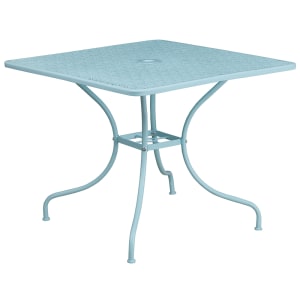 916-CO6SKY 35 1/2" Square Patio Table w/ Rain Flower Design Top & Umbrella Hole - Steel, Sky Blue