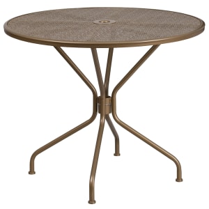 916-CO7GD 35 1/4" Round Patio Table w/ Rain Flower Design Top & Umbrella Hole - Steel, Gold